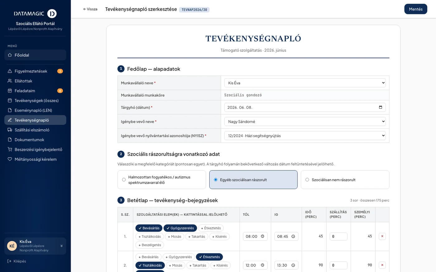 Tevékenységnapló – új rögzítés űrlap a Szociális Portálon: fedlap és tételsoros betétlap a TGSZ hat elemével