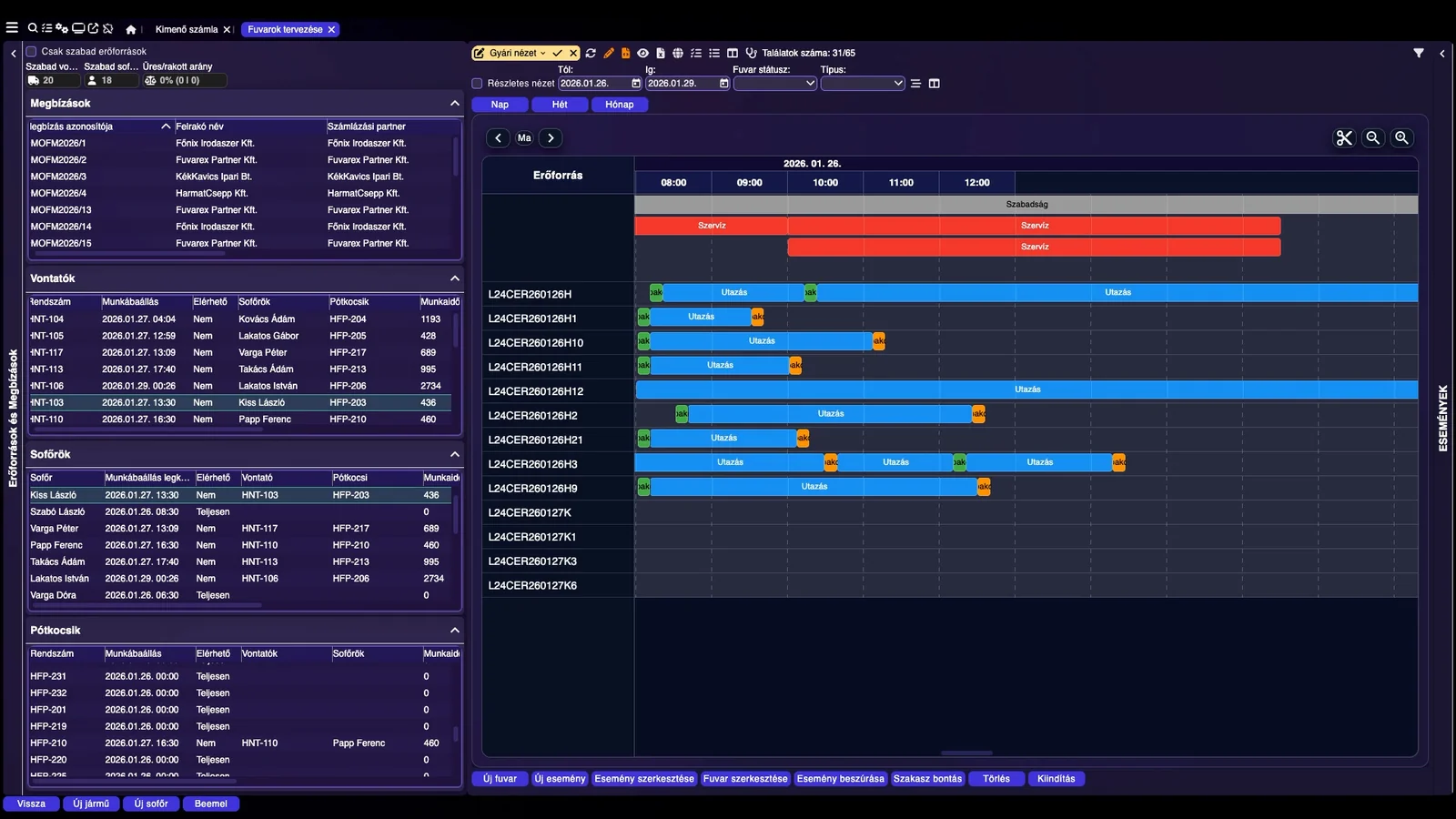 DataMagic TMS – Gantt-szerű erőforrás-időbeosztás vontatókra, sofőrökre, pótkocsikra