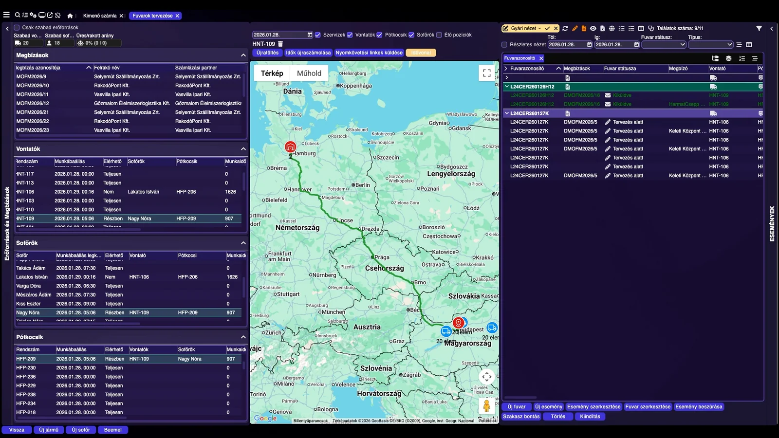 DataMagic TMS – fuvartervezés európai útvonalon, megbízások / vontatók / sofőrök / pótkocsik panelekkel